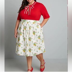 ModCloth More Than Charming Cotton Skirt In Christmas Dinosaur Novelty Print